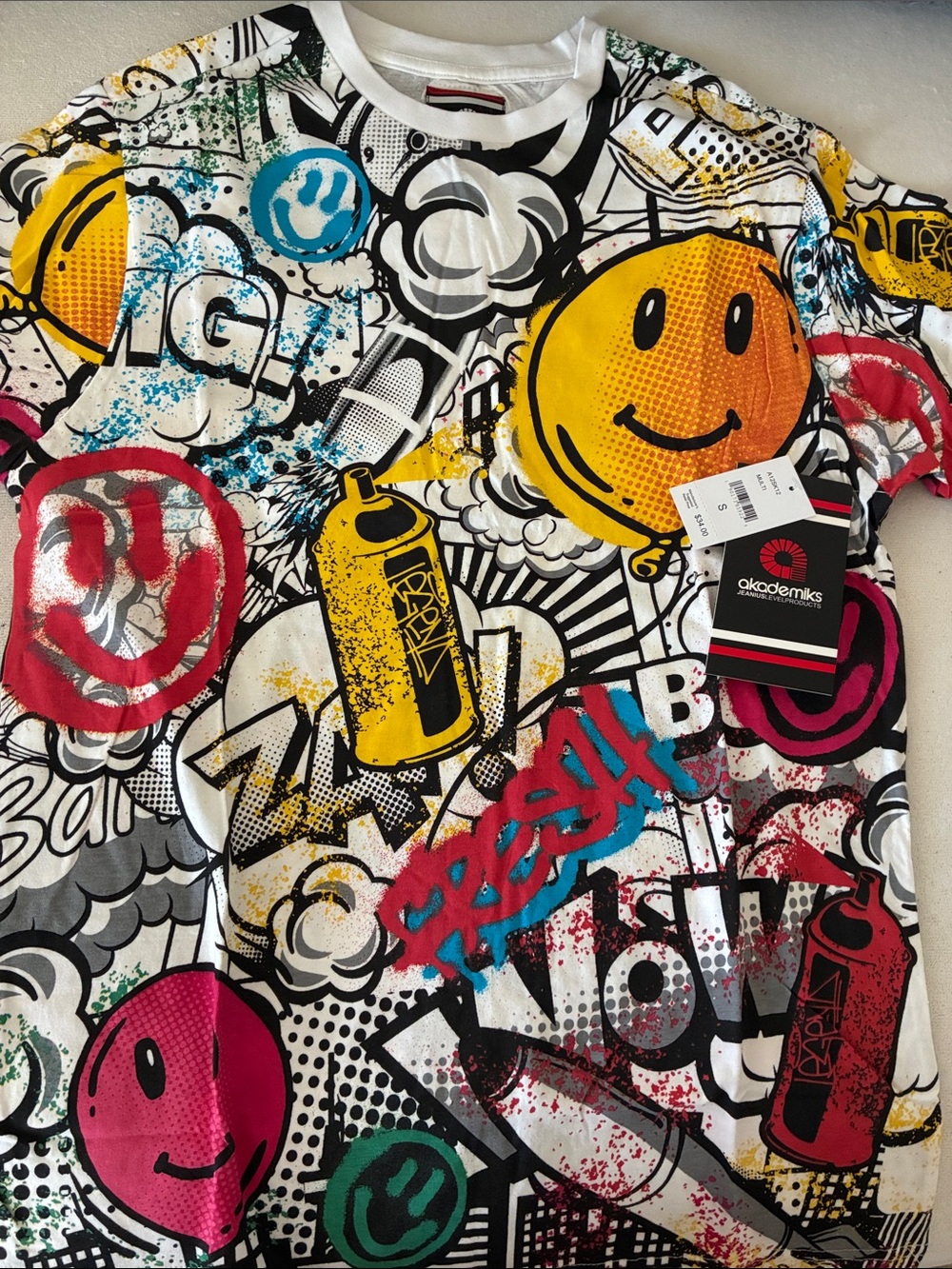 Akademiks Graffiti Smile Spray-Print Tee - Yellow, Pink, Blue, Green, Black